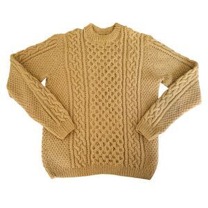 Vintage 90s Sweater Women M* Tan Brown Chunky Cable Knit Crewneck Pullover Aran
